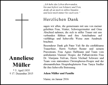 Traueranzeige von Anneliese Müller von  Allgemeine Zeitung Mainz