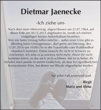 Traueranzeige von Dietmar Jaenecke von  Allgemeine Zeitung Mainz