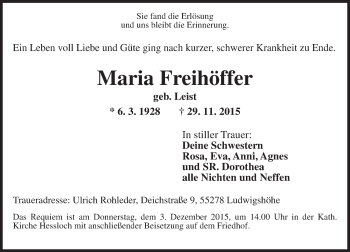 Traueranzeige von Maria Freihöffer von  Wormser Zeitung