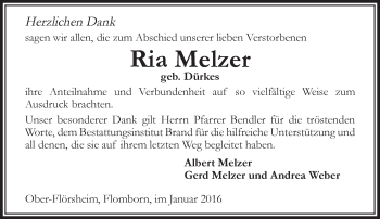 Traueranzeige von Ria Melzer von  Allgemeine Zeitung Alzey