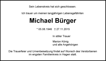 Traueranzeige von Michael Bürger von  WK-UTA/Aar-Bote