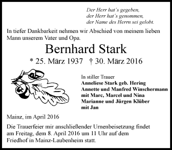 Traueranzeige von Bernhard Stark von  Allgemeine Zeitung Mainz