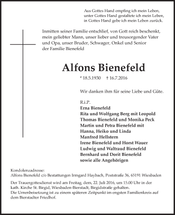 Traueranzeige von Alfons Bienefeld von Trauerportal Rhein Main Presse