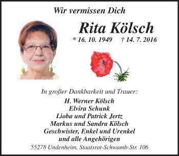 Traueranzeige von Rita Kölsch von Trauerportal Rhein Main Presse