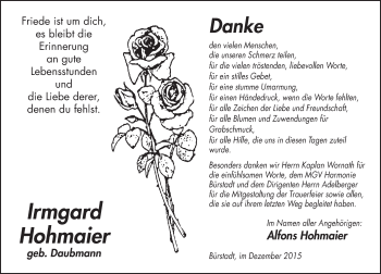 Traueranzeige von Irmgard Hohmaier von  Bürstädter Zeitung