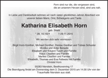 Traueranzeige von Katharina Elisabeth Horn von  Landskrone