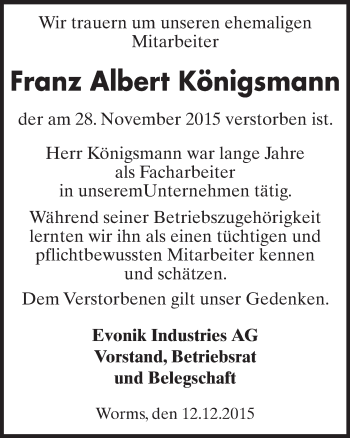 Traueranzeige von Franz Albert Königsmann von  Wormser Zeitung
