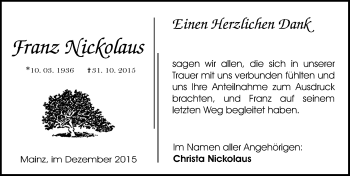 Traueranzeige von Franz Nickolaus von  Allgemeine Zeitung Mainz