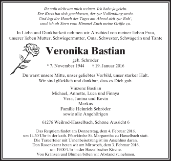 Traueranzeige von Veronika Bastian von  Camberger Anzeiger