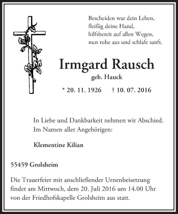 Traueranzeige von Irmgard Rausch von Trauerportal Rhein Main Presse