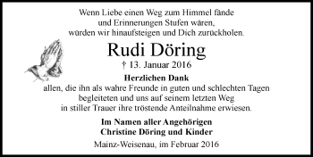 Traueranzeige von Rudi Döring von  Allgemeine Zeitung Mainz