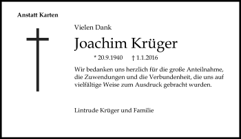Traueranzeige von Joachim Krüger von  Allgemeine Zeitung Mainz