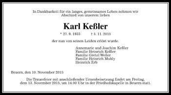 Traueranzeige von Karl Keßler von  Gießener Anzeiger