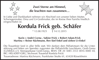 Traueranzeige von Kordula Frick von  Mainspitze
