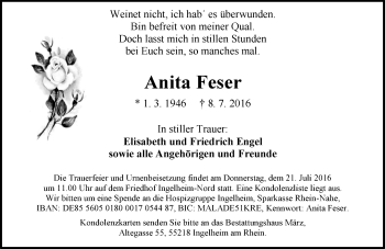 Traueranzeige von Anita Feser von Trauerportal Rhein Main Presse