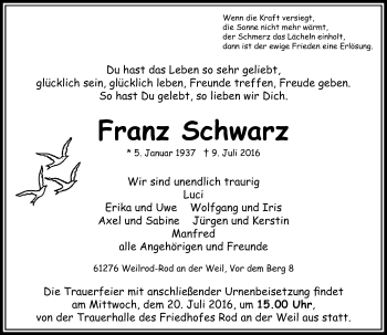 Traueranzeige von Franz Schwarz von  Usinger Anzeigenblatt