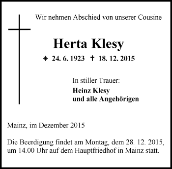Traueranzeige von Herta Klesy von  Allgemeine Zeitung Mainz