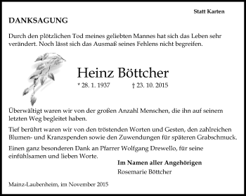 Traueranzeige von Heinz Böttcher von  Allgemeine Zeitung Mainz