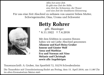 Traueranzeige von Betty Rohrer von  Allgemeine Zeitung Mainz