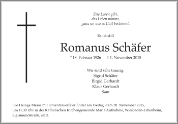 Traueranzeige von Romanus Schäfer von  Wiesbaden komplett
