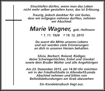 Traueranzeige von Marie Wagner von  Gießener Anzeiger