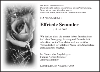 Traueranzeige von Elfriede Semmler von  Gießener Anzeiger