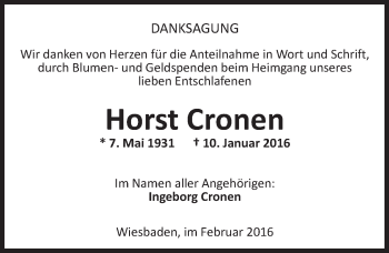 Traueranzeige von Horst Cronen von  Wiesbaden komplett