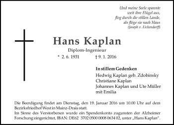 Traueranzeige von Hans Kaplan von  Allgemeine Zeitung Mainz