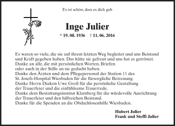 Traueranzeige von Inge Julier von Trauerportal Rhein Main Presse