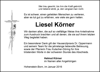 Traueranzeige von Liesel Körner von  WK-UTA/Aar-Bote