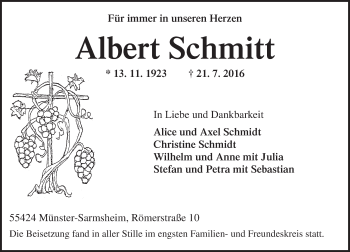 Traueranzeige von Albert Schmitt von Trauerportal Rhein Main Presse