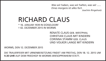 Traueranzeige von Richard Claus von  Wormser Zeitung