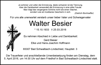 Traueranzeige von Walter Besier von  WK-UTA/Aar-Bote