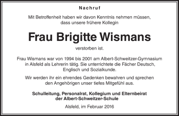 Traueranzeige von Brigitte Wismans von VRM Trauer