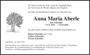 Traueranzeige von Anna Maria Aberle von  Wiesbaden komplett