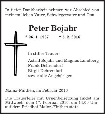 Traueranzeige von Peter Bojahr von  Allgemeine Zeitung Mainz