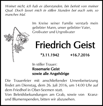 Traueranzeige von Friedrich Geist von  Kreisanzeiger
