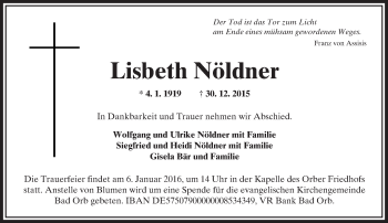 Traueranzeige von Lisbeth Nöldner von  Gelnhäuser Tageblatt