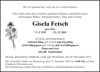 Traueranzeige von Gisela Fetsch von  Wormser Zeitung