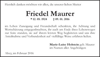 Traueranzeige von Friedel Maurer von  Allgemeine Zeitung Alzey