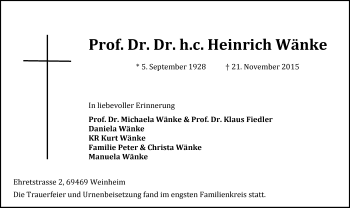 Traueranzeige von Heinrich Wänke von  Allgemeine Zeitung Mainz