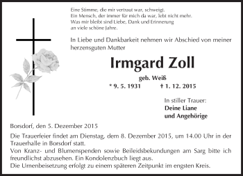 Traueranzeige von Irmgard Zoll von  Kreisanzeiger