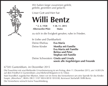 Traueranzeige von Willi Bentz von  Allgemeine Zeitung Mainz