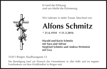 Traueranzeige von Alfons Schmitz von  Allgemeine  Zeitung Ingelheim-Bingen