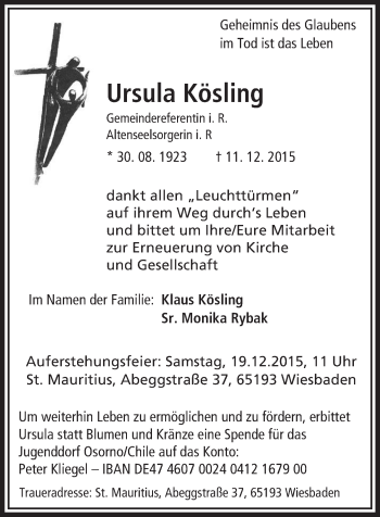 Traueranzeige von Ursula Kösling von  Wiesbaden komplett