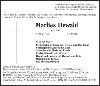Traueranzeige von Marlies Dewald von  Mainspitze