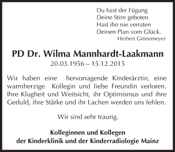 Traueranzeige von Wilma Mannhardt-Laakmann von  Allgemeine Zeitung Mainz