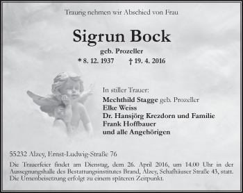 Traueranzeige von Sigrun Bock von  Allgemeine Zeitung Alzey