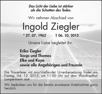 Traueranzeige von Ingold Ziegler von  Bürstädter Zeitung