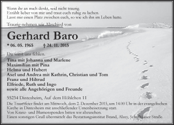 Traueranzeige von Gerhard Baro von  Allgemeine Zeitung Alzey